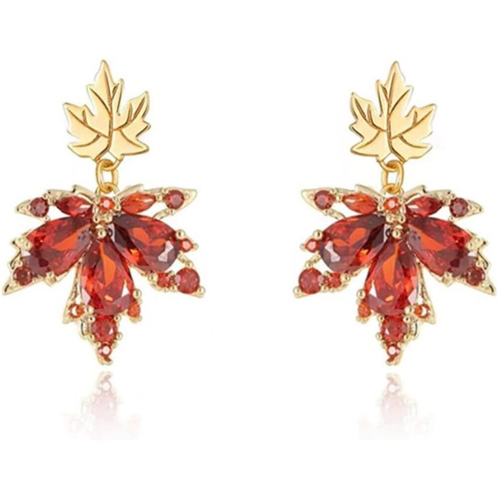 Fall Crystal Maple Leaf Earrings for Women S925 Sterling Silver Post Sparkly CZ